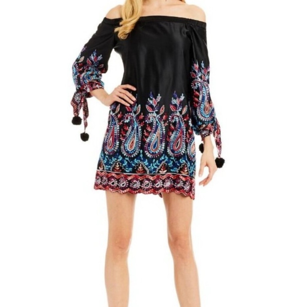 Off-Shoulder Black and Blue Paisley Dress